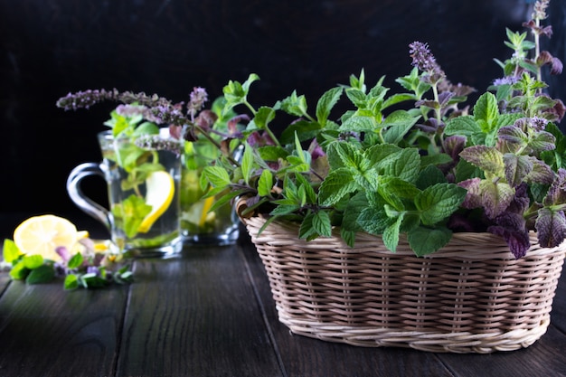 Mand met verse groene munt en twee glazen bekers met verse muntthee op donkere tafel