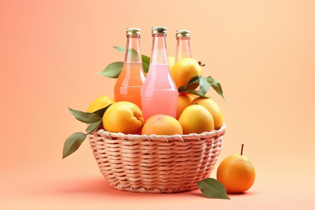 Mand met verse limonadeflessen en citrusvruchten op minimale achtergrond AI Generative