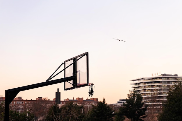 Mand van een basketbalveld in het stadsconcept van stedelijke sport in de straat kopieerruimte voor tekst