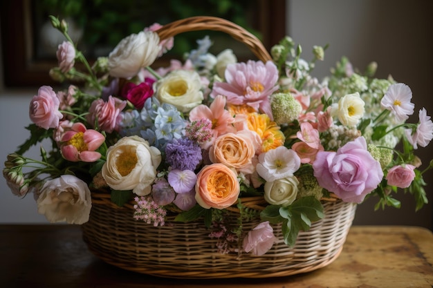 Mand vol met pastelkleurige bloemen, perfect voor lentebruiloft gemaakt met generatieve AI