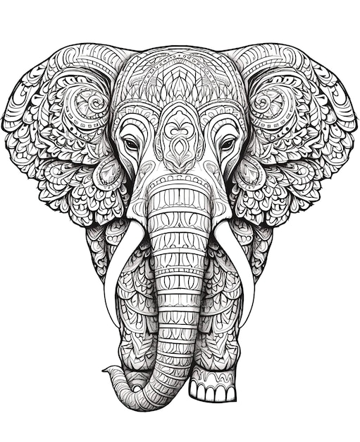 Мандала черно-белая иллюстрация для окрашивания животных слон