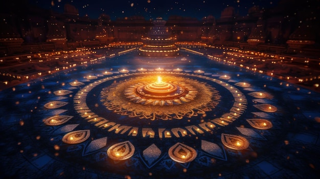 Photo mandala of candles and fire at night for diwali