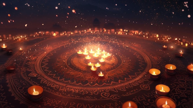 Foto mandala di candele e fuoco di notte per diwali