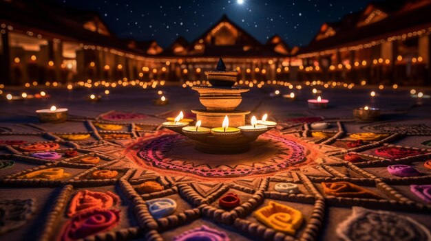 mandala of candles and fire at night for diwali