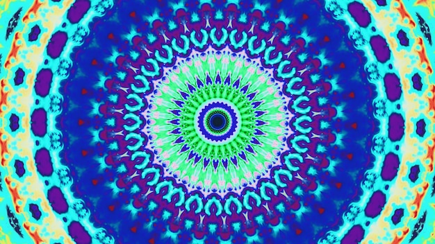 Mandala cirkel neon kaleidoscoop psychedelisch ontwerp blauw paars groene kleur verf symmetrische ronde