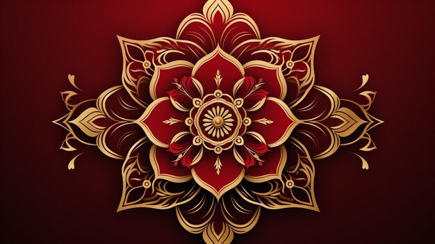 Mandala in crimson red with ornate golden arabesque details