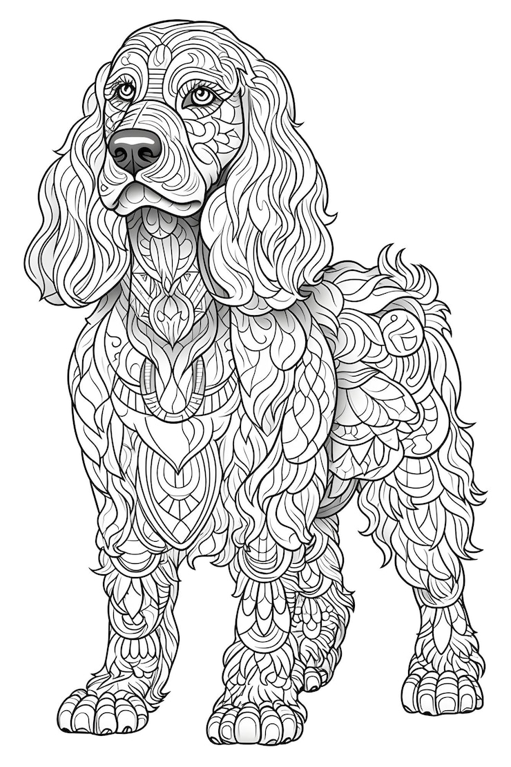 Photo mandala dog black and white illustration coloring page