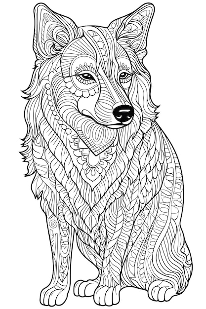 Mandala dog Black and White Illustration coloring page