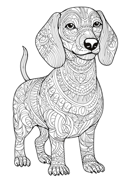 Раскраска Собака-мандала, черно-белая иллюстрация