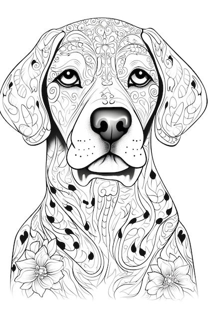 Mandala dog Black and White Illustration coloring page