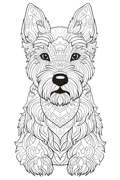 Mandala dog Black and White Illustration coloring page