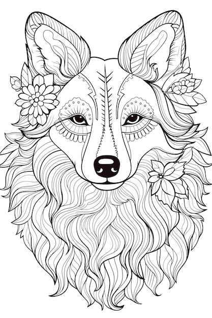 Mandala dog Black and White Illustration coloring page