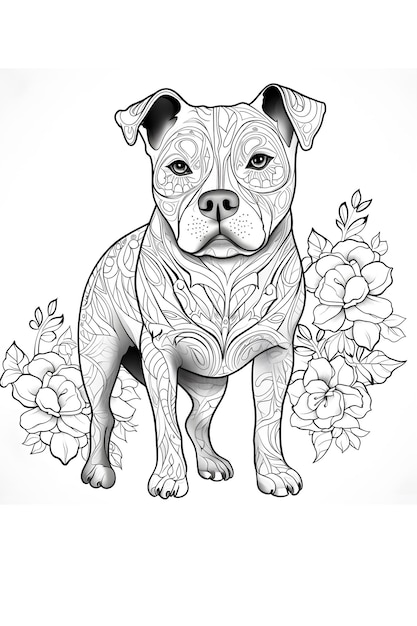 Mandala dog Black and White Illustration coloring page