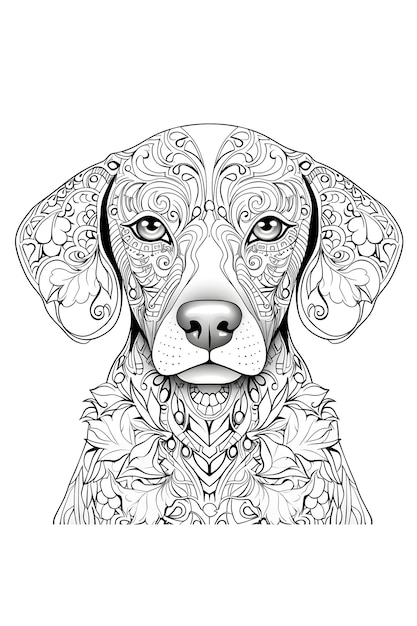 Mandala dog Black and White Illustration coloring page