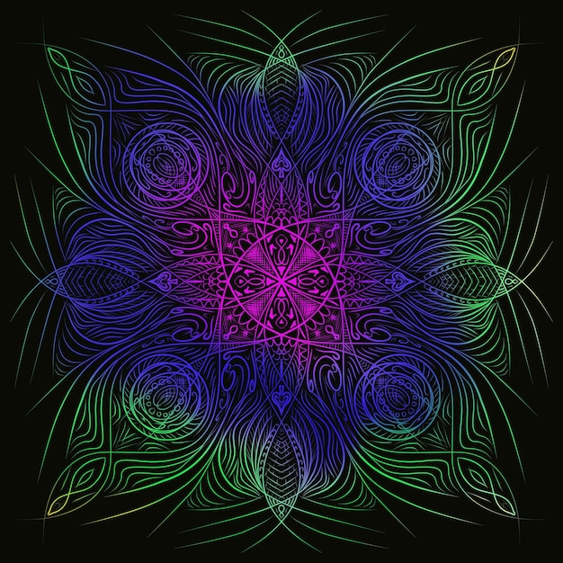 Mandala handgemaakte illustratie van een full colour mandala met zwarte achtergrond handgemaakte illustratie
