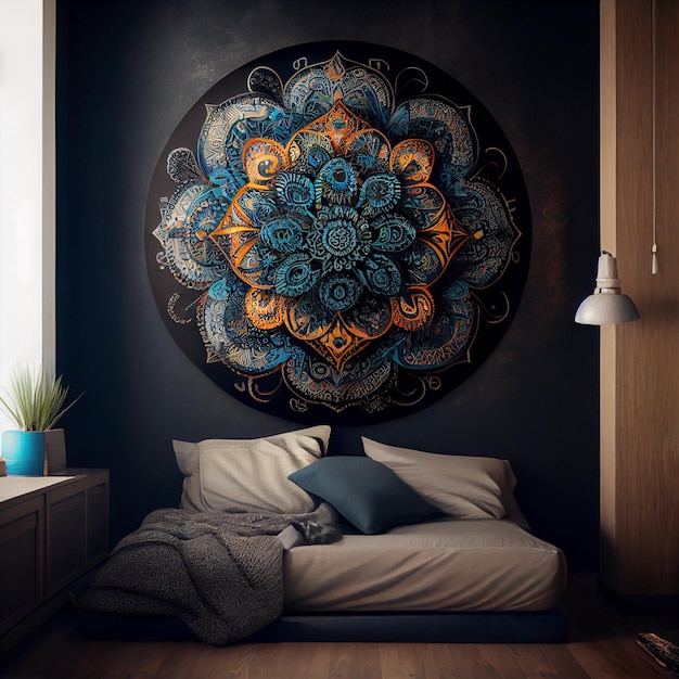 Mandala hangen aan de muur op de achtergrond van de huisdecoratie van de woonkamer