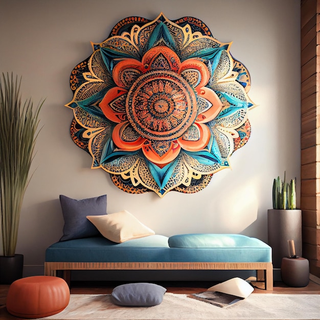 Mandala hanging on wall in living room home decoration background