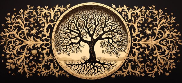 A mandala incorporating a tree of life silhouette with intricate patterns and symbols within the branches representing interconnectedness