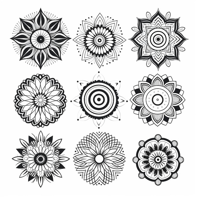 Mandala line art set on isolated white background