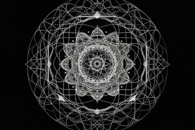 Mandala of sacred geometry with intricate lines and shapes