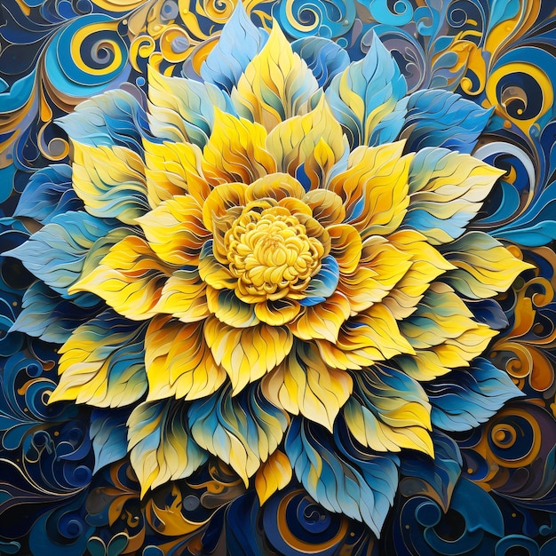 Мандала ярких цветов желтого и синего на цветочном фоне