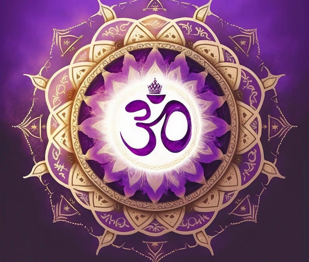 Photo mandala with om symbol in the center on a background decorated in purple and gold. meditation, zen image for relaxation, feng shui created with generative ai technology