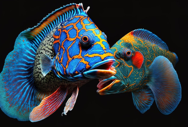 Mandarijnvissen met prachtige kleuren die van dichtbij met elkaar vechten