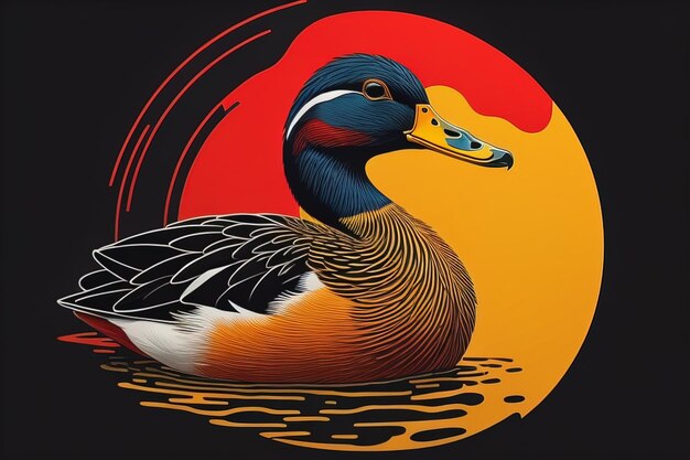 Mandarin duck on the background of the sun generative ai