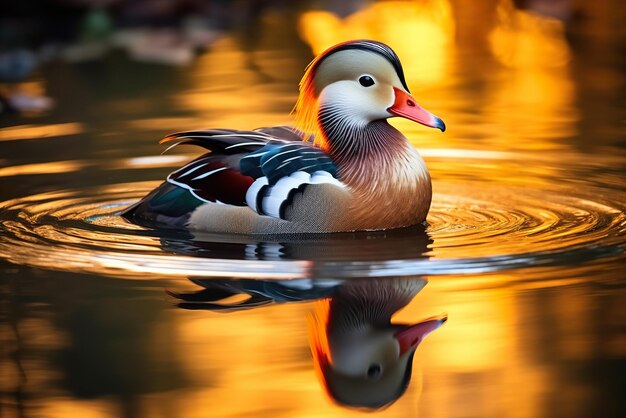 Mandarin duck floating at sunset