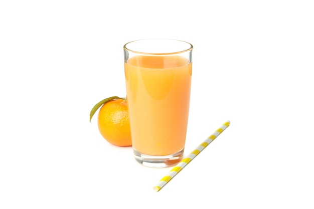 Mandarin juice, mandarin and straw isolated on white background