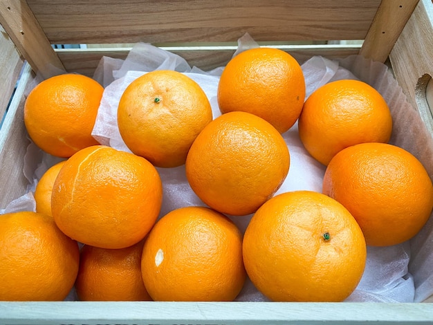 Mandarin orange fruit in the basket at supermarket