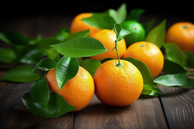 Mandarin oranges or tangerines on a wooden table with leaves