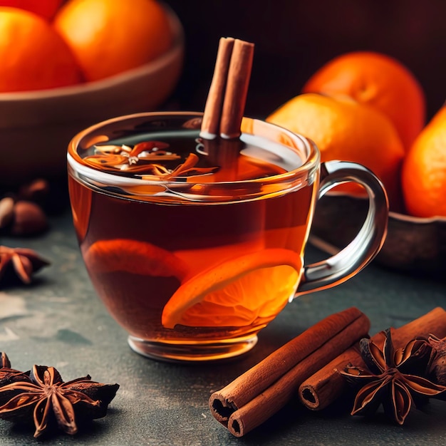 Mandarin tea with cinnamon and anise in a cup on the table Antioxidant diet