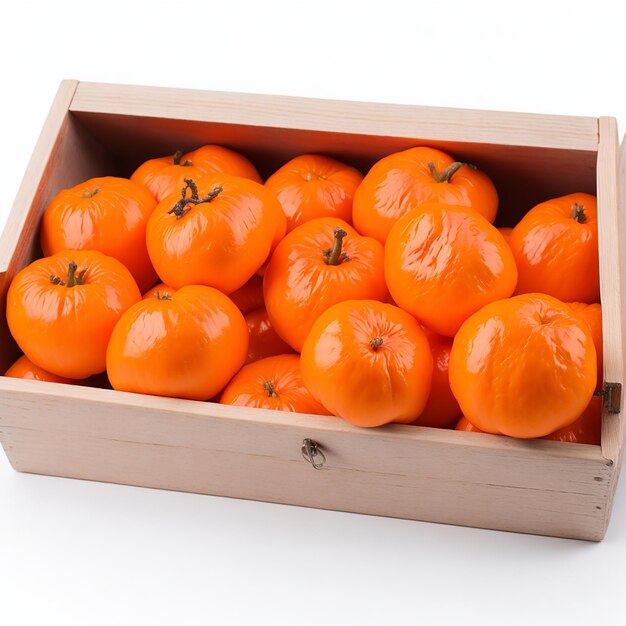 Mandarins in wooden box isolated on transparent or white background