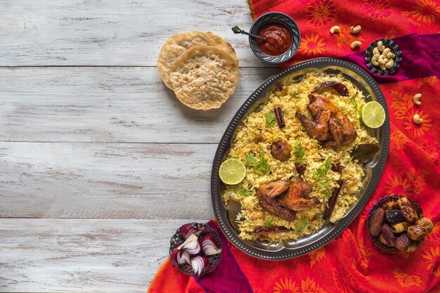 Mandi /Kabsa tandoor dish. Mandi is a rice dish with meat and the spices. Top view, copy space