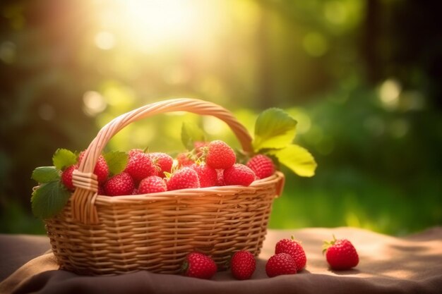 Mandje aardbeien op een tafel met een mandje aardbeien