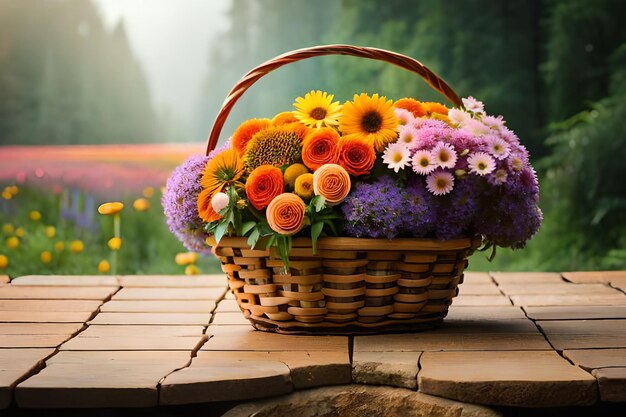 mandje met bloemen op een tafel met een achtergrond van bomen en een hemel