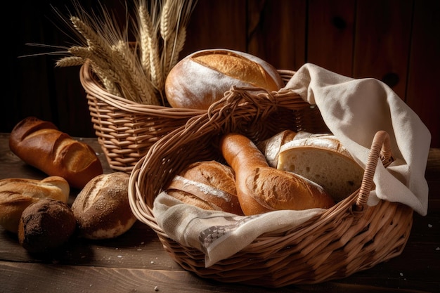 Mandje met diverse ambachtelijke broden klaar voor een smakelijke en bevredigende maaltijd gemaakt met generatieve AI