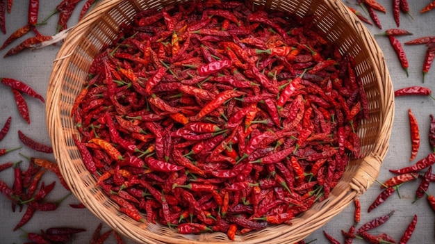 mandje met gedroogde chili peper van boven naar beneden