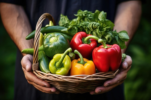 Mandje met groenten in de hand van volwassen man geïsoleerd op witte achtergrond Generatieve AI