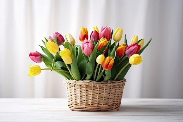 Mandje tulpen op een licht houten tafel