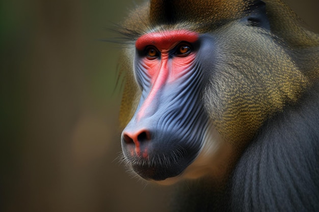 A mandrill with a red face is seen in this image.