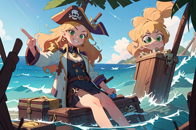 pirate girl, moles, mole under eye, ocean view, costumes, anime girls,  water, pirate hat, hat, eyepatches | 2560x1440 Wallpaper - wallhaven.cc