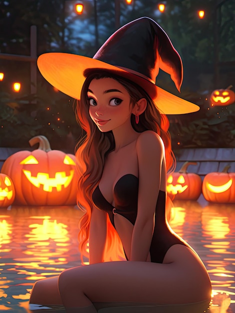 Manga anime schoonheid hete sexy halloween heks draagt bikini ik in zwembad