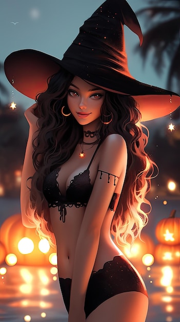 Manga anime schoonheid hete sexy halloween heks draagt bikini ik in zwembad