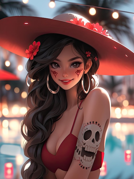 Manga anime smiling beauty hot girl day for dead sugar skull make up dia de muertos wear bikini