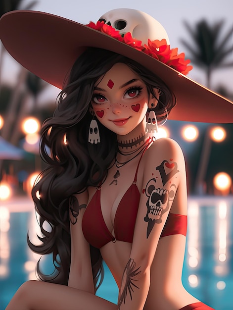 Manga anime smiling beauty hot girl day for dead sugar skull make up dia de muertos wearbikini