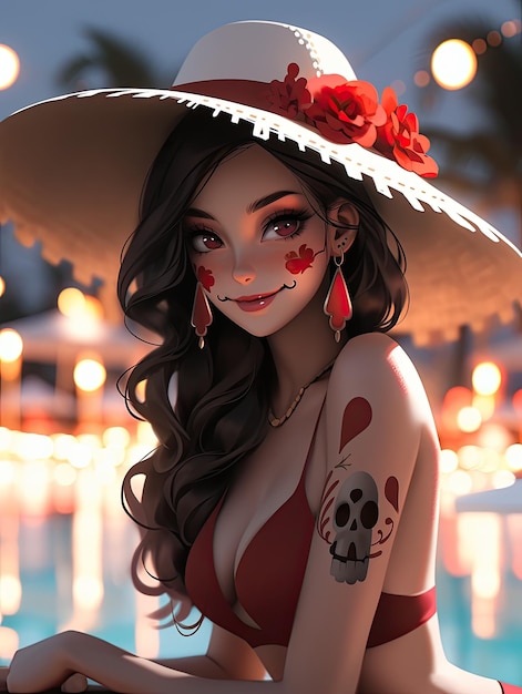 만화 애니메이션 웃는 아름다움 섹시한 소녀의 죽은 설탕 두개골 메이크업 dia de muertos wearbikini