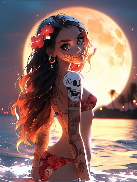 Manga anime smiling beauty hot girl day for dead sugar skull make up wear bikini as in dark night