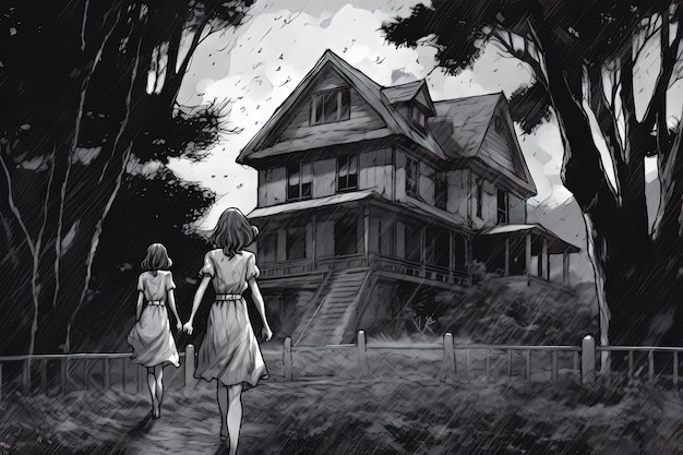 실제 유령 애니메이션 일러스트레이션 생성 ai를 피하면서 서로 겁주려고 유령의 집 주변을 몰래 돌아다니는 만화 소녀들